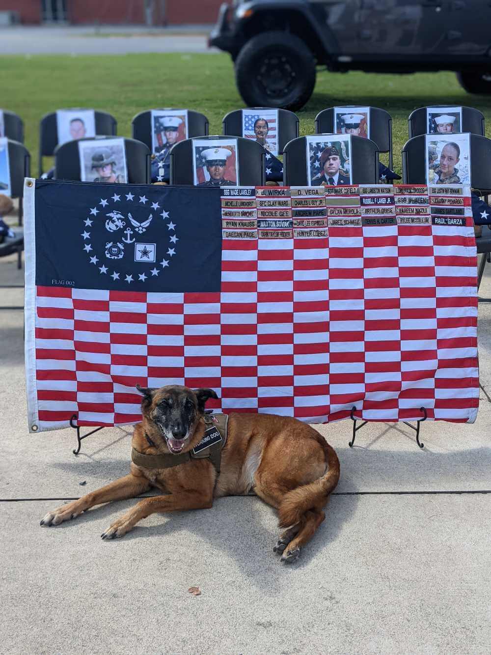Service animal sitting in front of Flag to Remember flag.